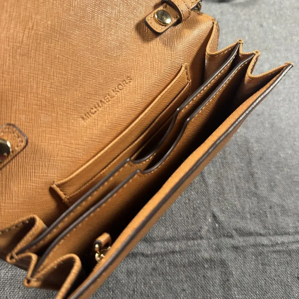Michael Kors Jet Set Tan Camel Leather Crossbody Wallet Bag on Chain